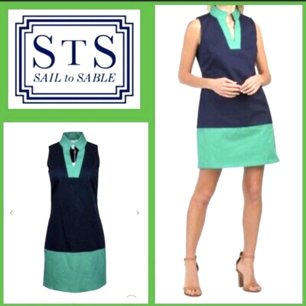 Sail to Sable Classic Sleeveless Shift Tunic Dress in Navy/Kelly Green S…